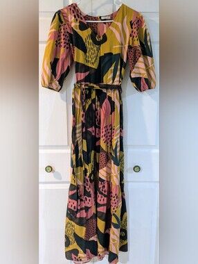 Maude Vivante Abstract Maxi Dress with Mustard and Pink Print